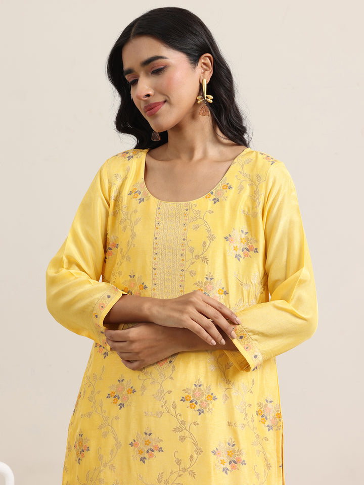 Yellow Woven Design Silk Blend Straight Suit With Dupatta