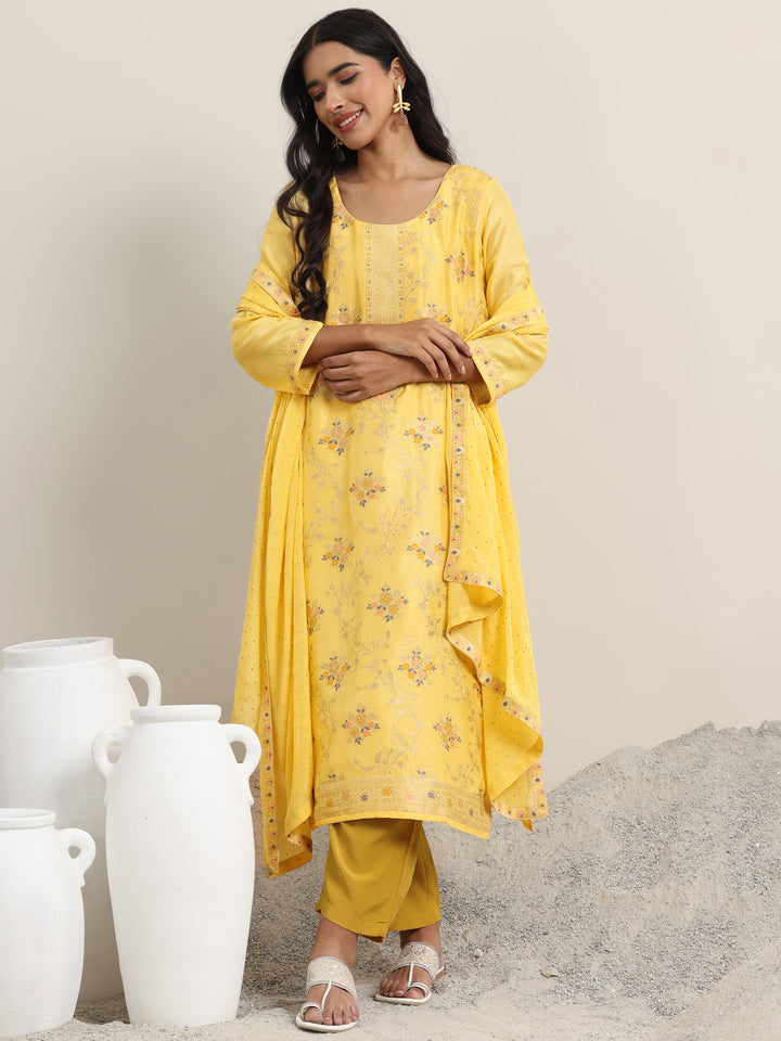 Yellow Woven Design Silk Blend Straight Suit With Dupatta