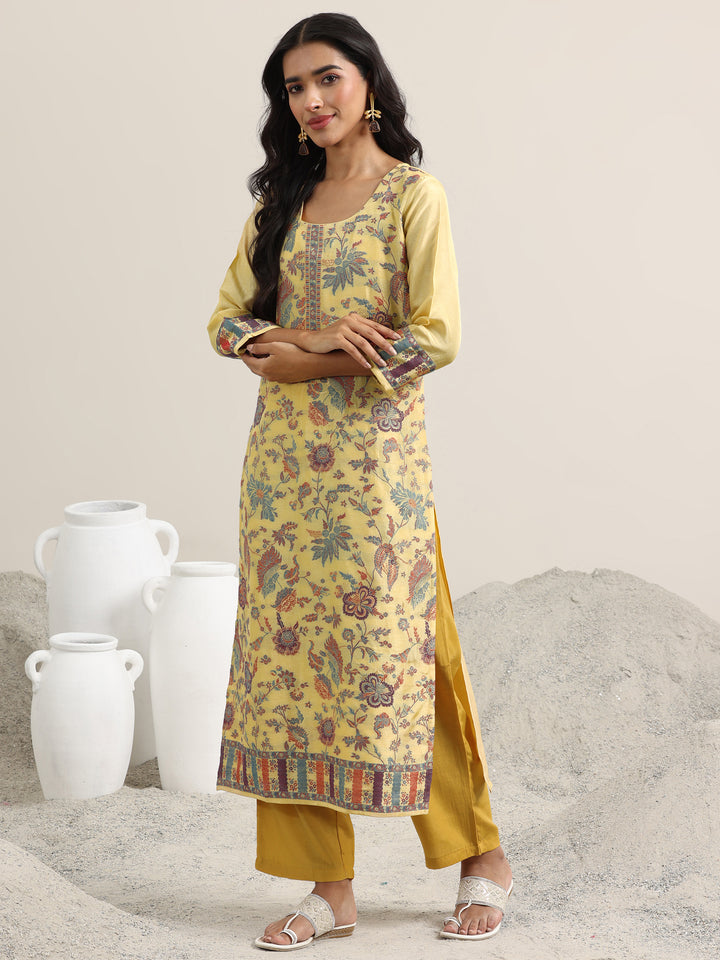 Yellow Woven Design Silk Blend Straight Suit With Dupatta