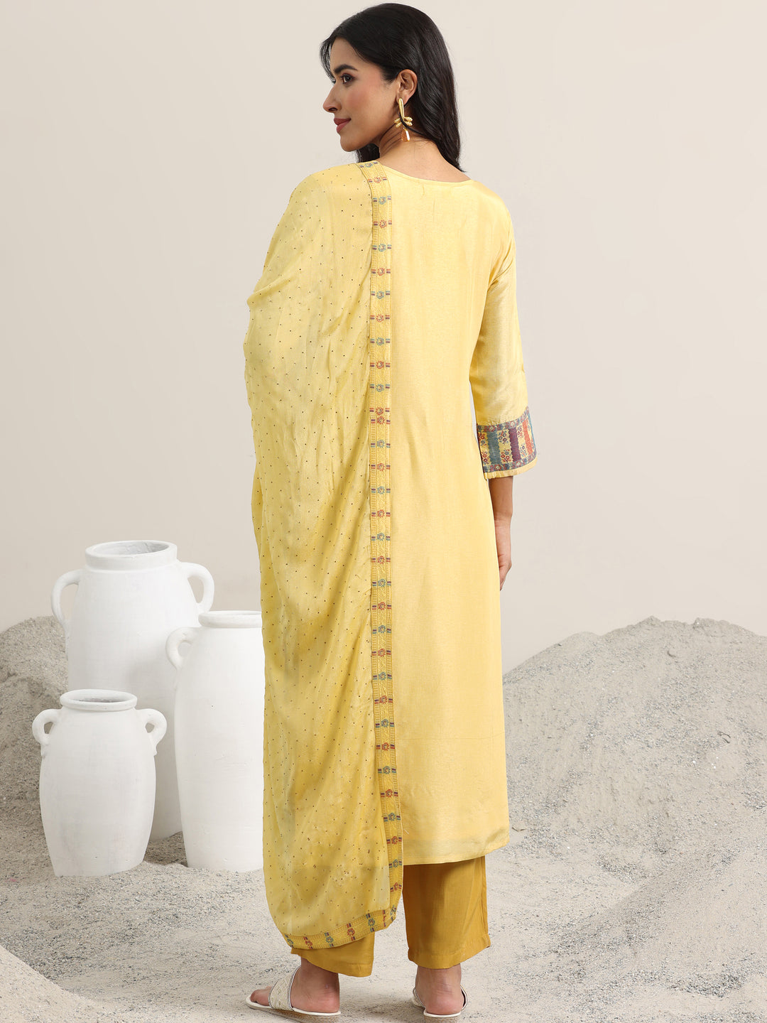 Yellow Woven Design Silk Blend Straight Suit With Dupatta