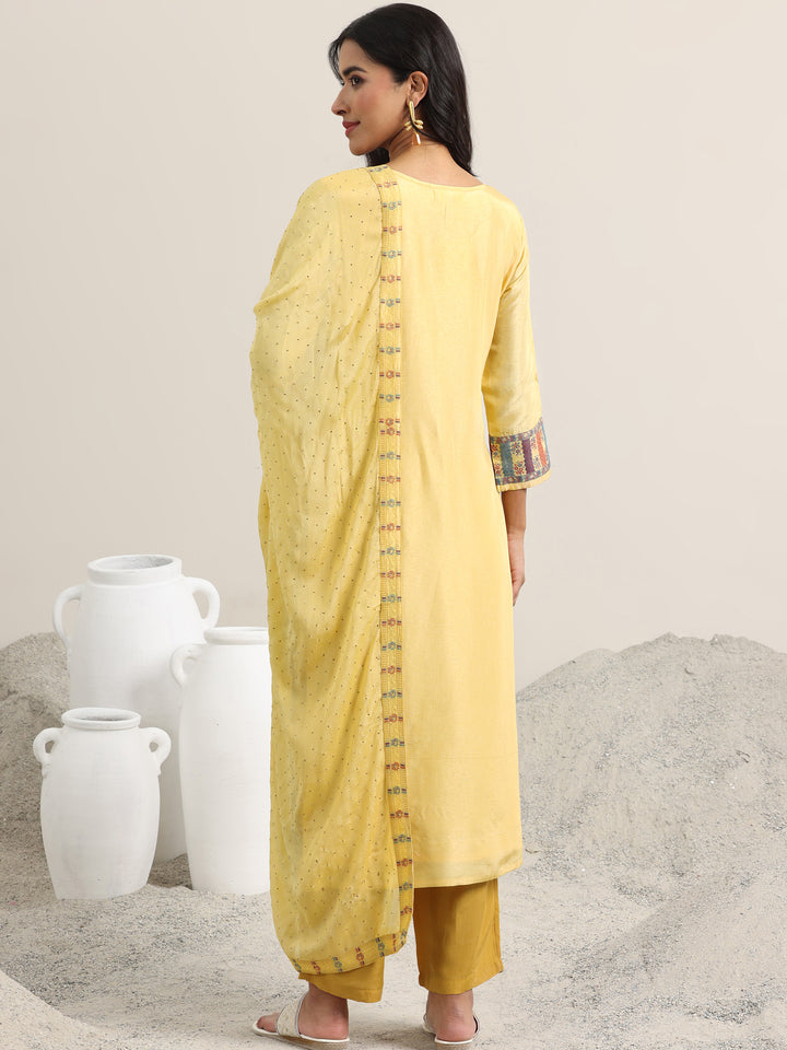 Yellow Woven Design Silk Blend Straight Suit With Dupatta