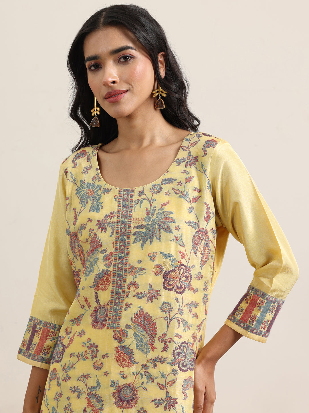 Yellow Woven Design Silk Blend Straight Suit With Dupatta