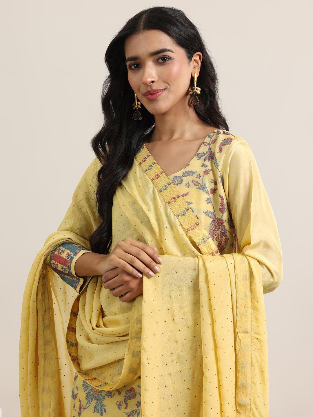 Yellow Woven Design Silk Blend Straight Suit With Dupatta