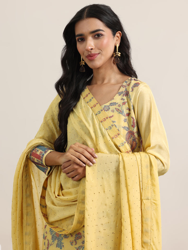 Yellow Woven Design Silk Blend Straight Suit With Dupatta