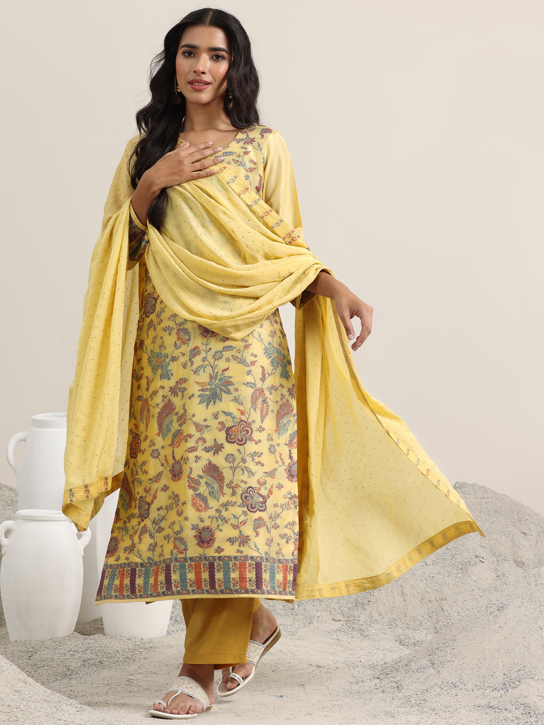 Yellow Woven Design Silk Blend Straight Suit With Dupatta