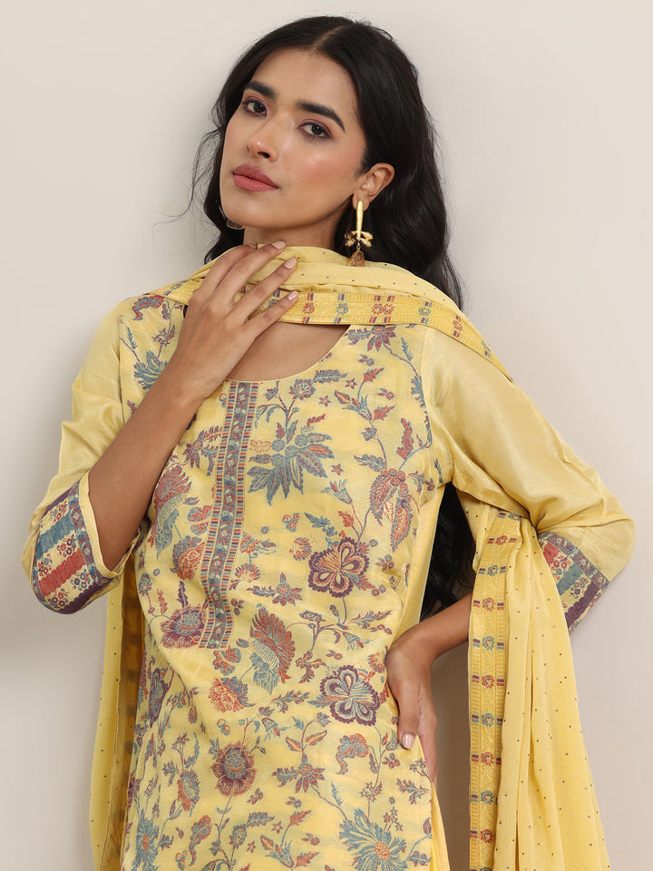 Yellow Woven Design Silk Blend Straight Suit With Dupatta