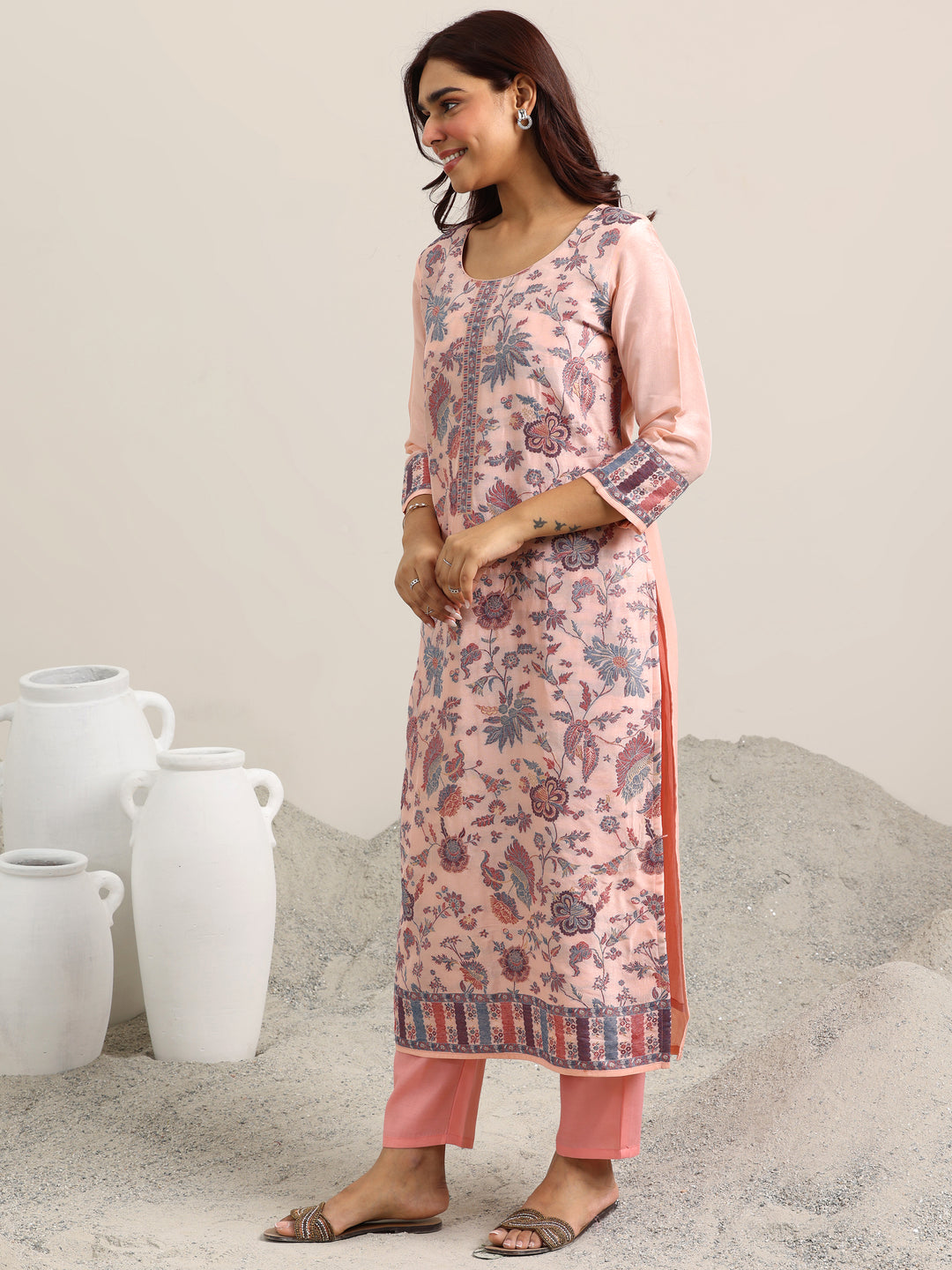 Peach Woven Design Silk Blend Straight Suit With Dupatta