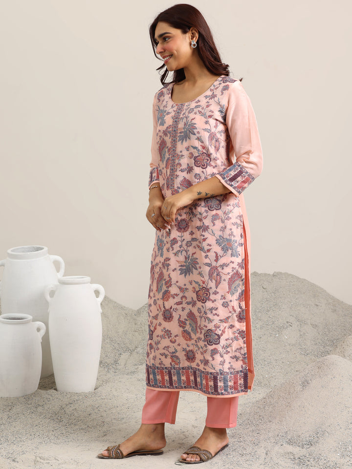 Peach Woven Design Silk Blend Straight Suit With Dupatta