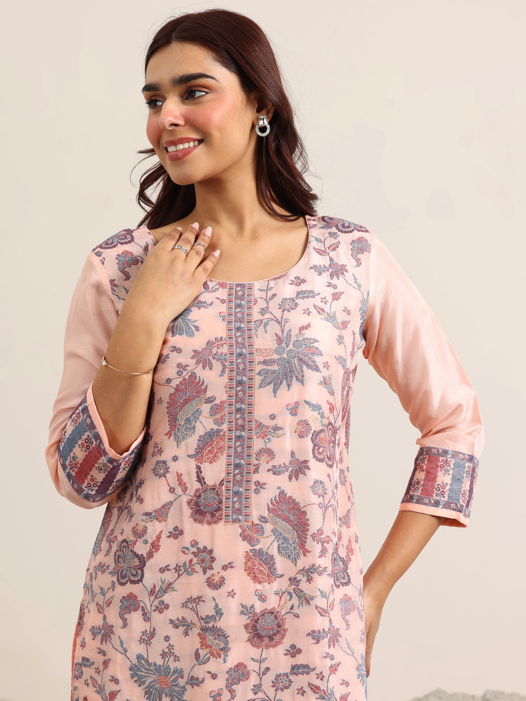 Peach Woven Design Silk Blend Straight Suit With Dupatta