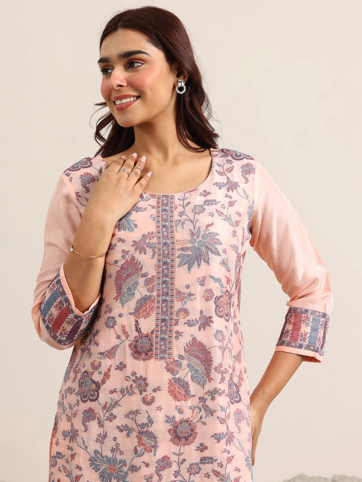 Peach Woven Design Silk Blend Straight Suit With Dupatta