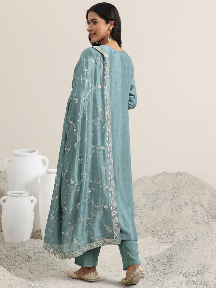 Blue Embroidered Silk Blend Straight Suit With Dupatta