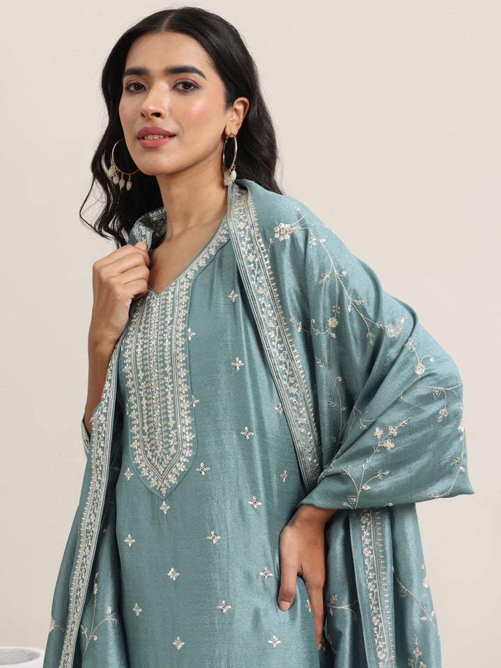 Blue Embroidered Silk Blend Straight Suit With Dupatta
