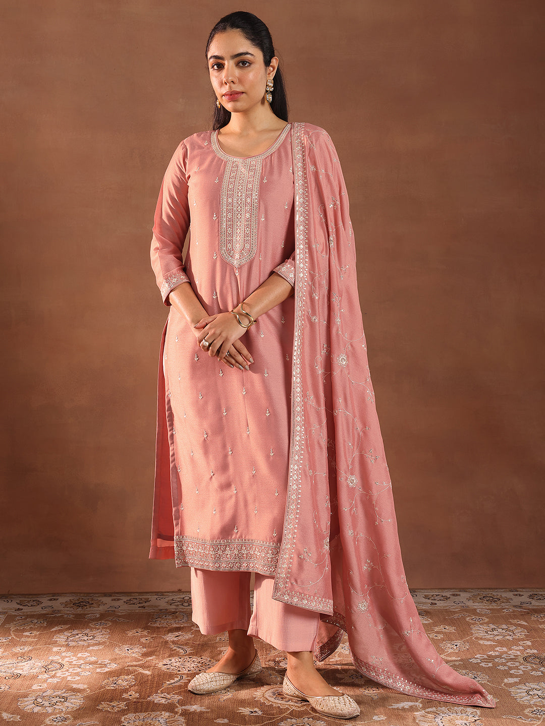 Peach Embroidered Silk Blend Straight Suit With Dupatta