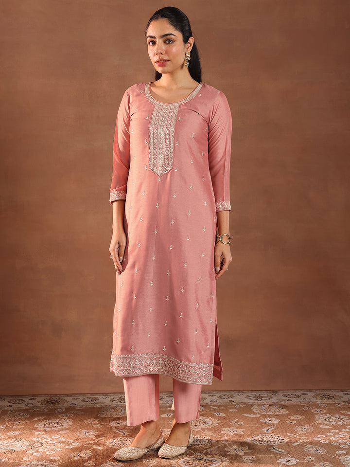 Peach Embroidered Silk Blend Straight Suit With Dupatta