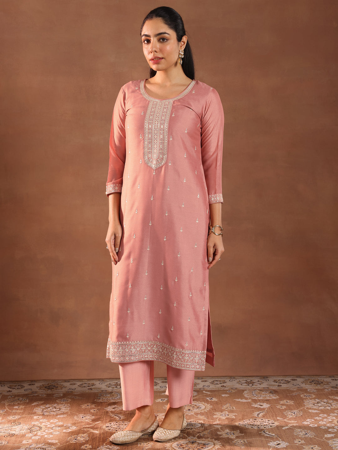 Peach Embroidered Silk Blend Straight Suit With Dupatta