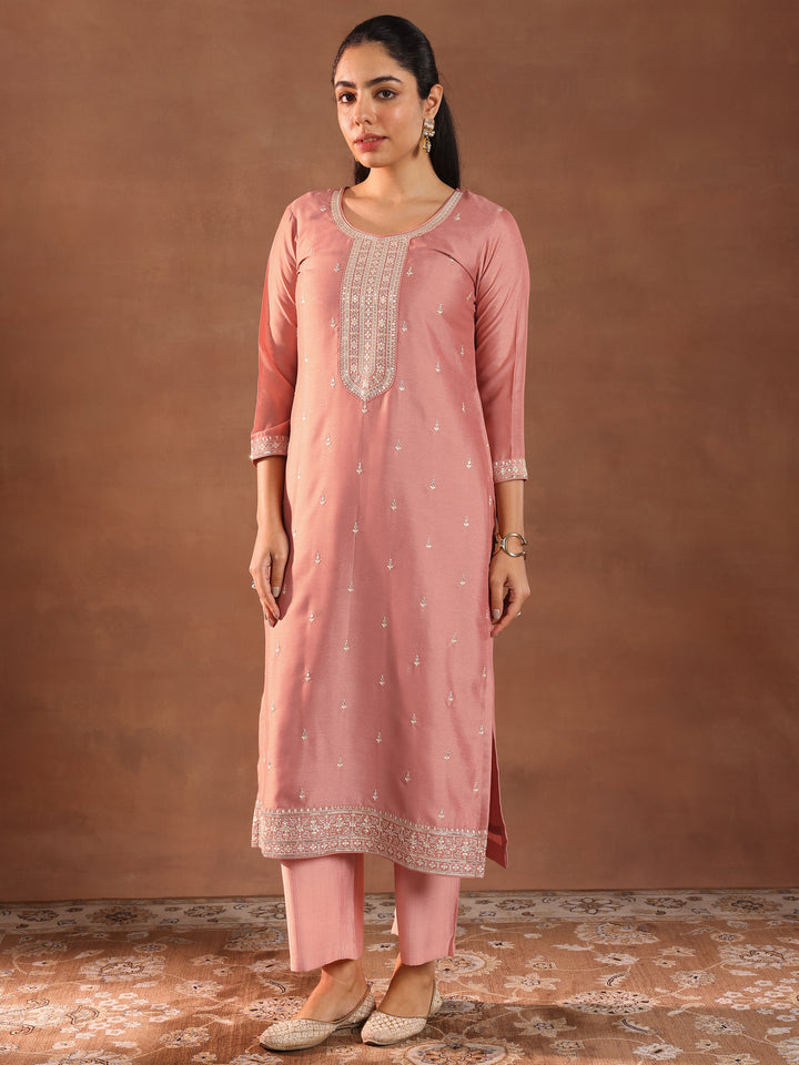 Peach Embroidered Silk Blend Straight Suit With Dupatta