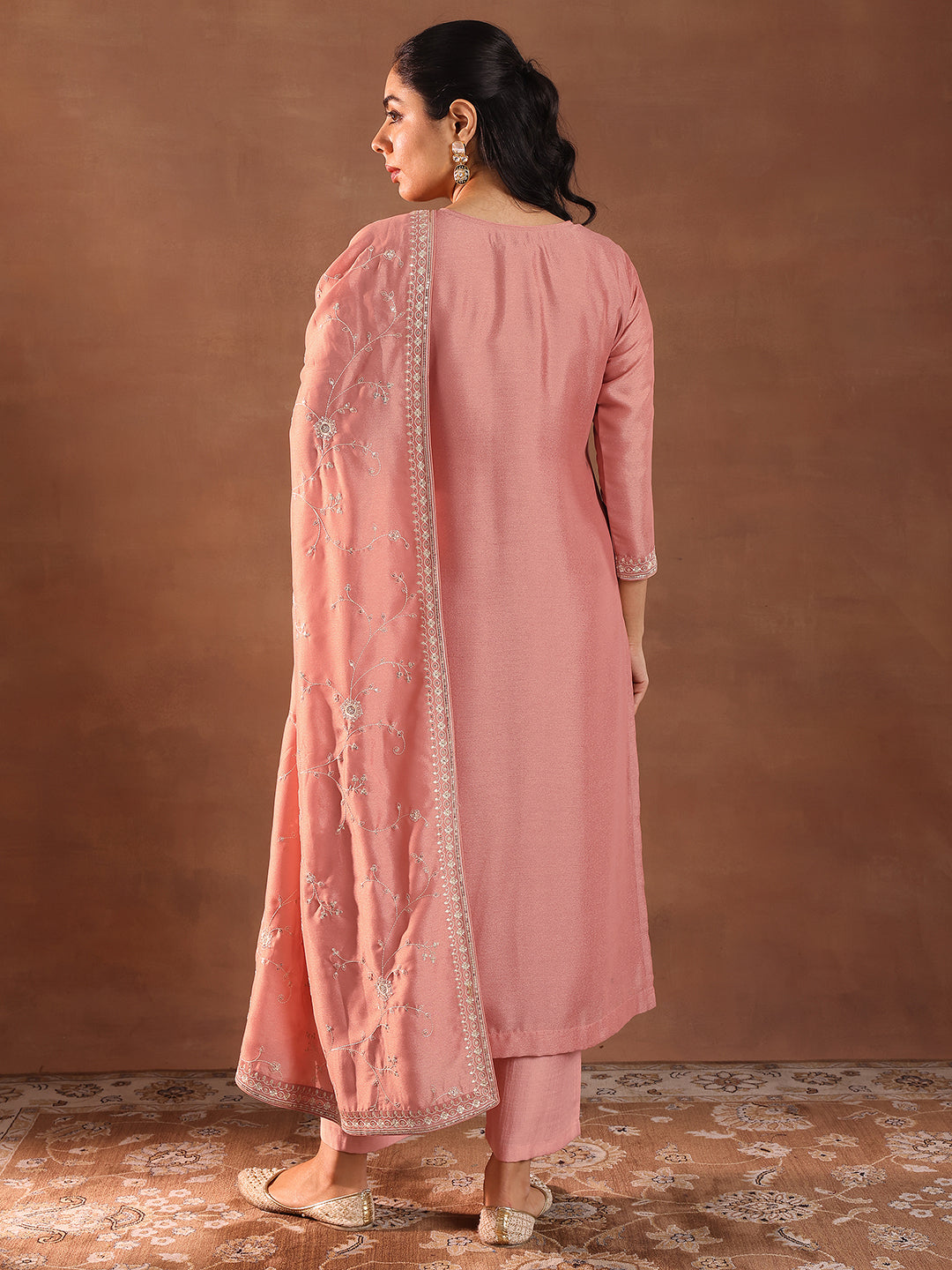 Peach Embroidered Silk Blend Straight Suit With Dupatta