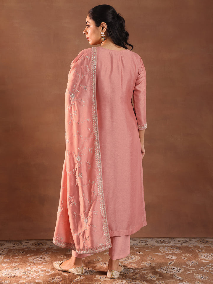 Peach Embroidered Silk Blend Straight Suit With Dupatta