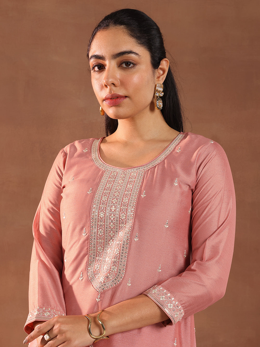 Peach Embroidered Silk Blend Straight Suit With Dupatta