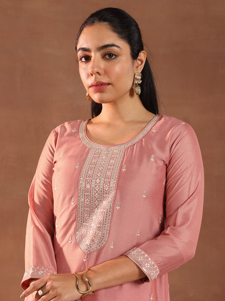 Peach Embroidered Silk Blend Straight Suit With Dupatta