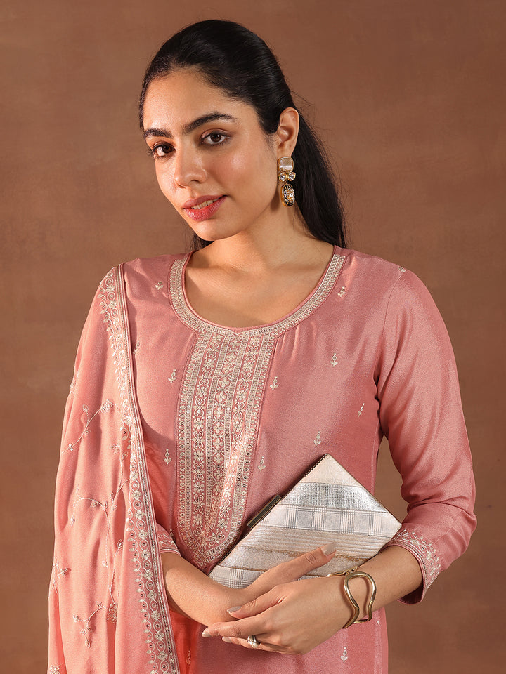 Peach Embroidered Silk Blend Straight Suit With Dupatta