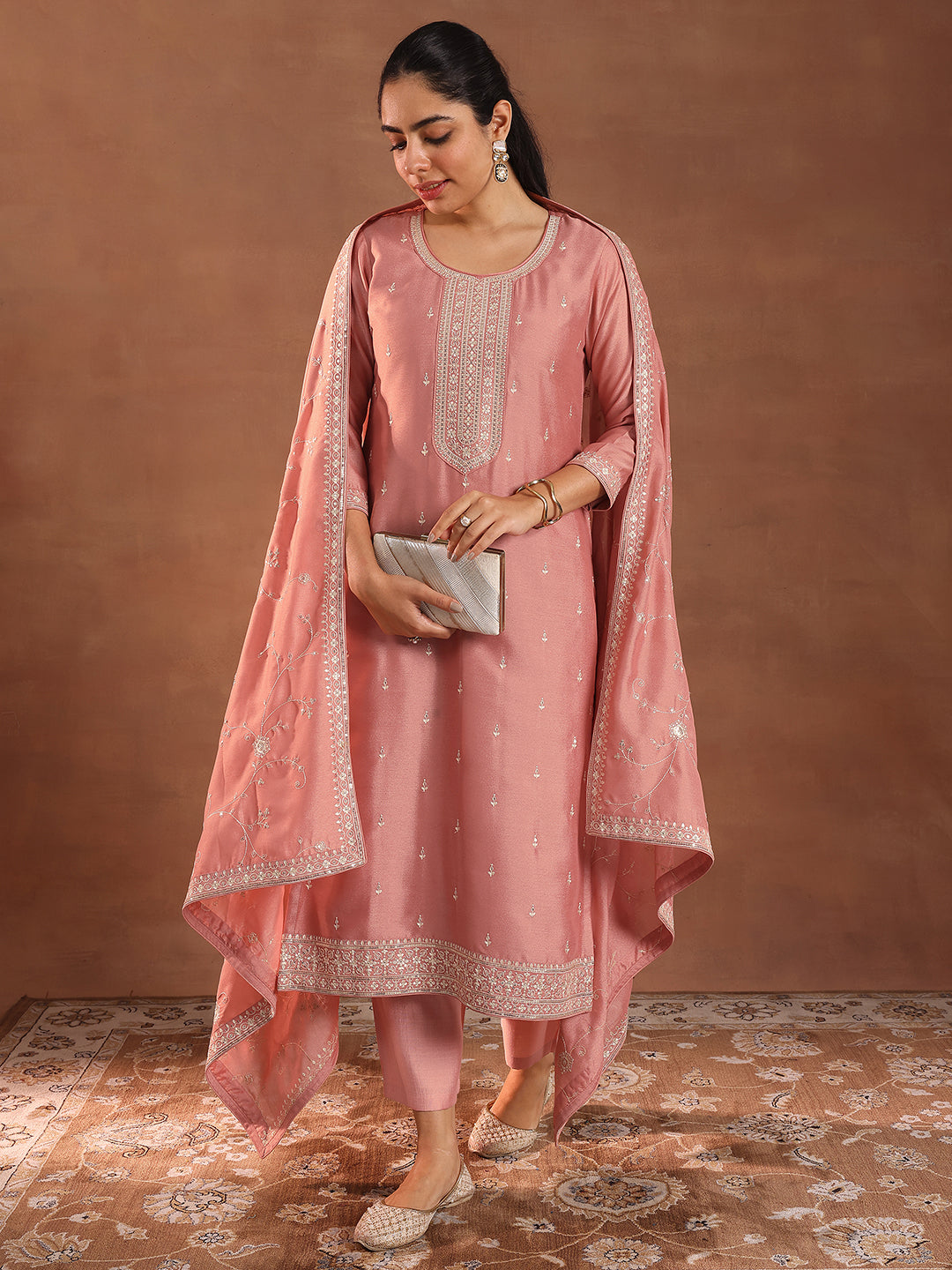 Peach Embroidered Silk Blend Straight Suit With Dupatta