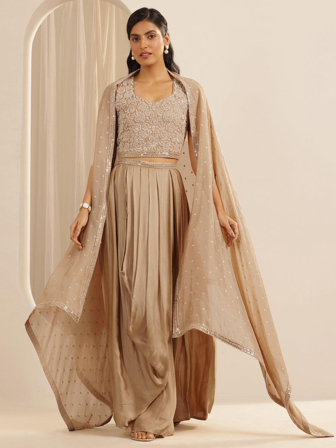 Libas Art Beige Embellished Satin Co-Ord Sets