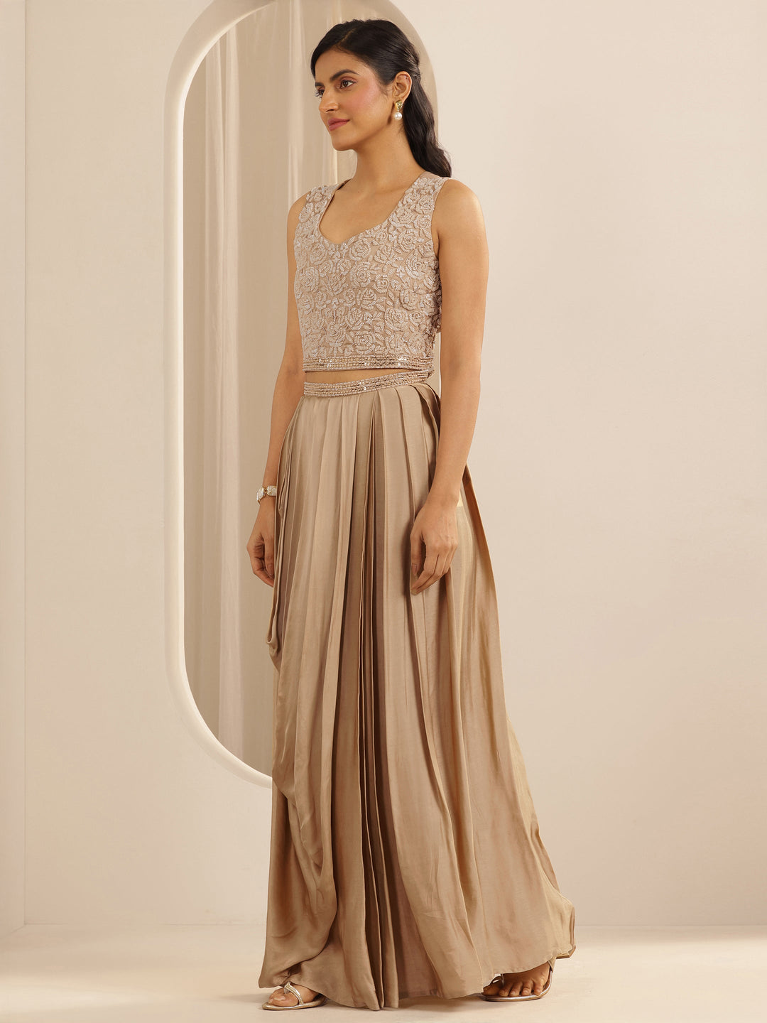 Libas Art Beige Embellished Satin Co-Ord Sets
