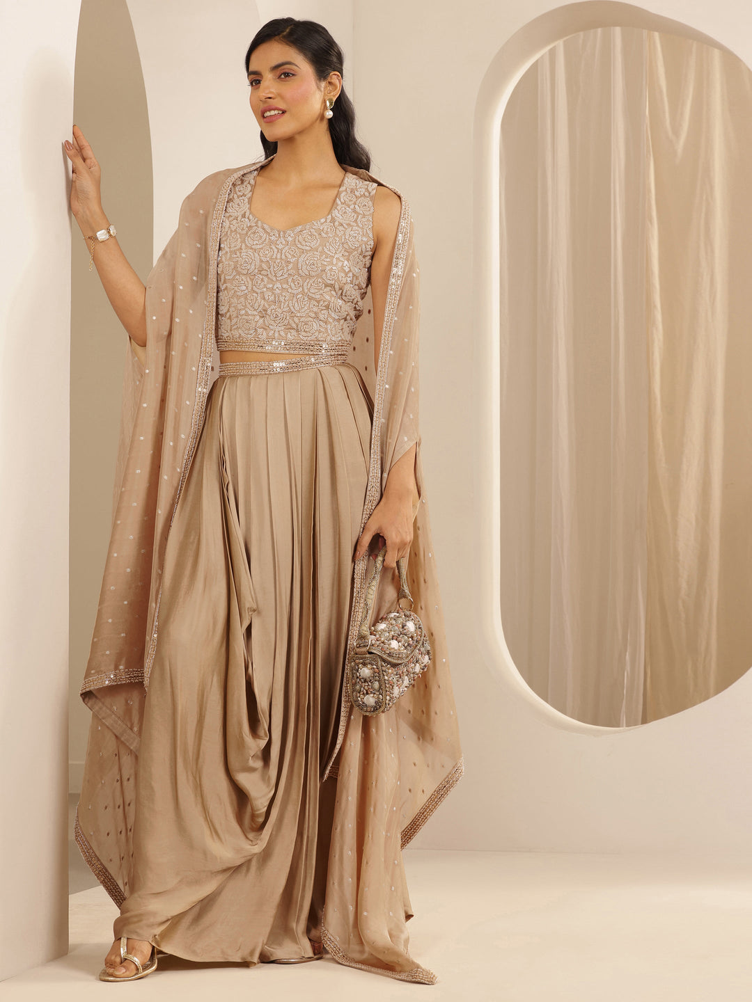 Libas Art Beige Embellished Satin Co-Ord Sets