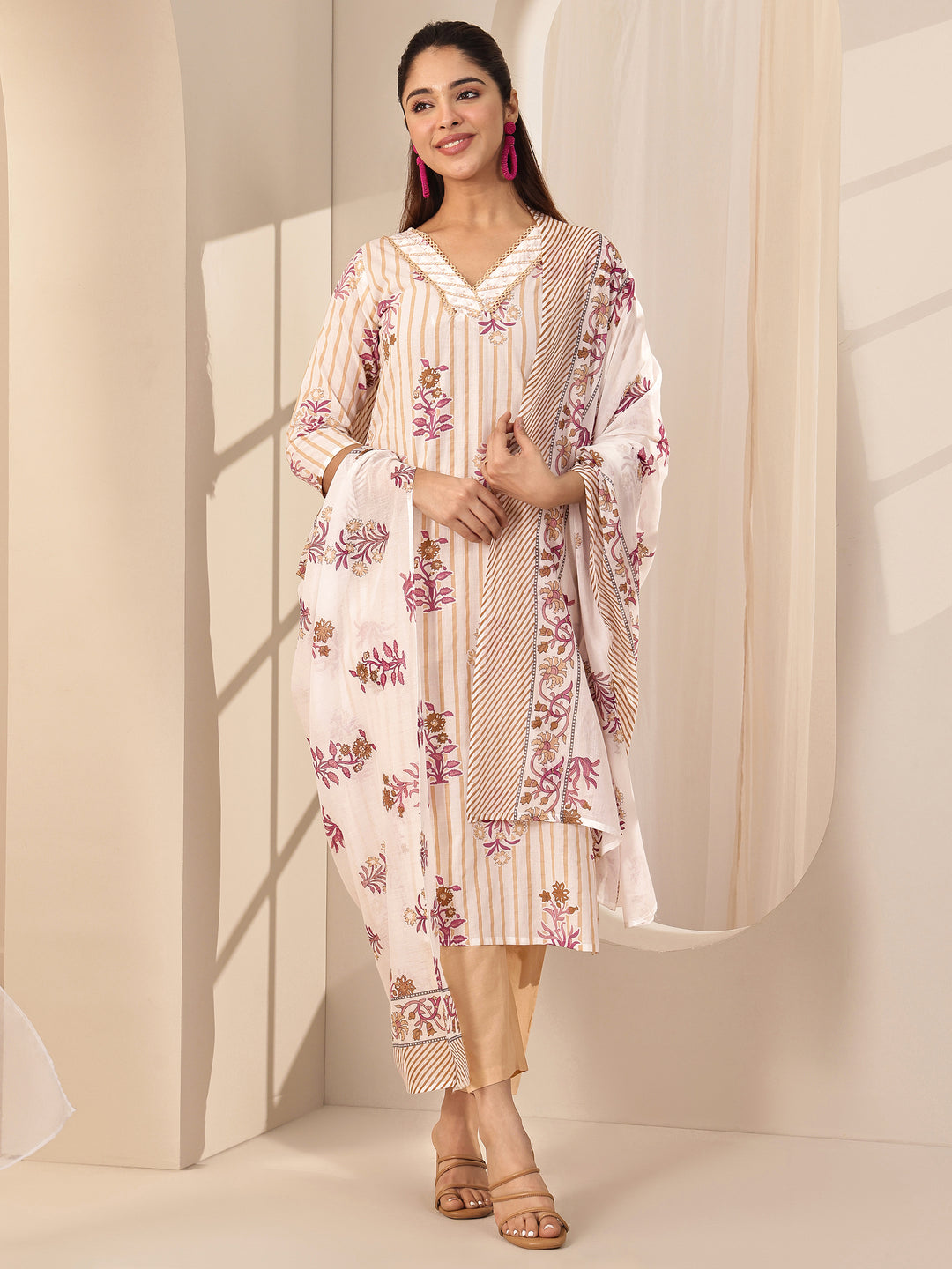 Off White Printed Cotton Straight Suit Sets With Dupatta