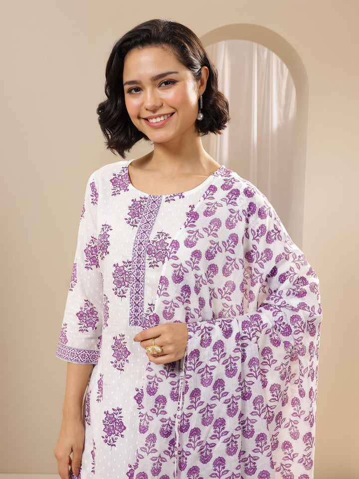 Off White Printed Cotton Straight Suit Sets With Dupatta