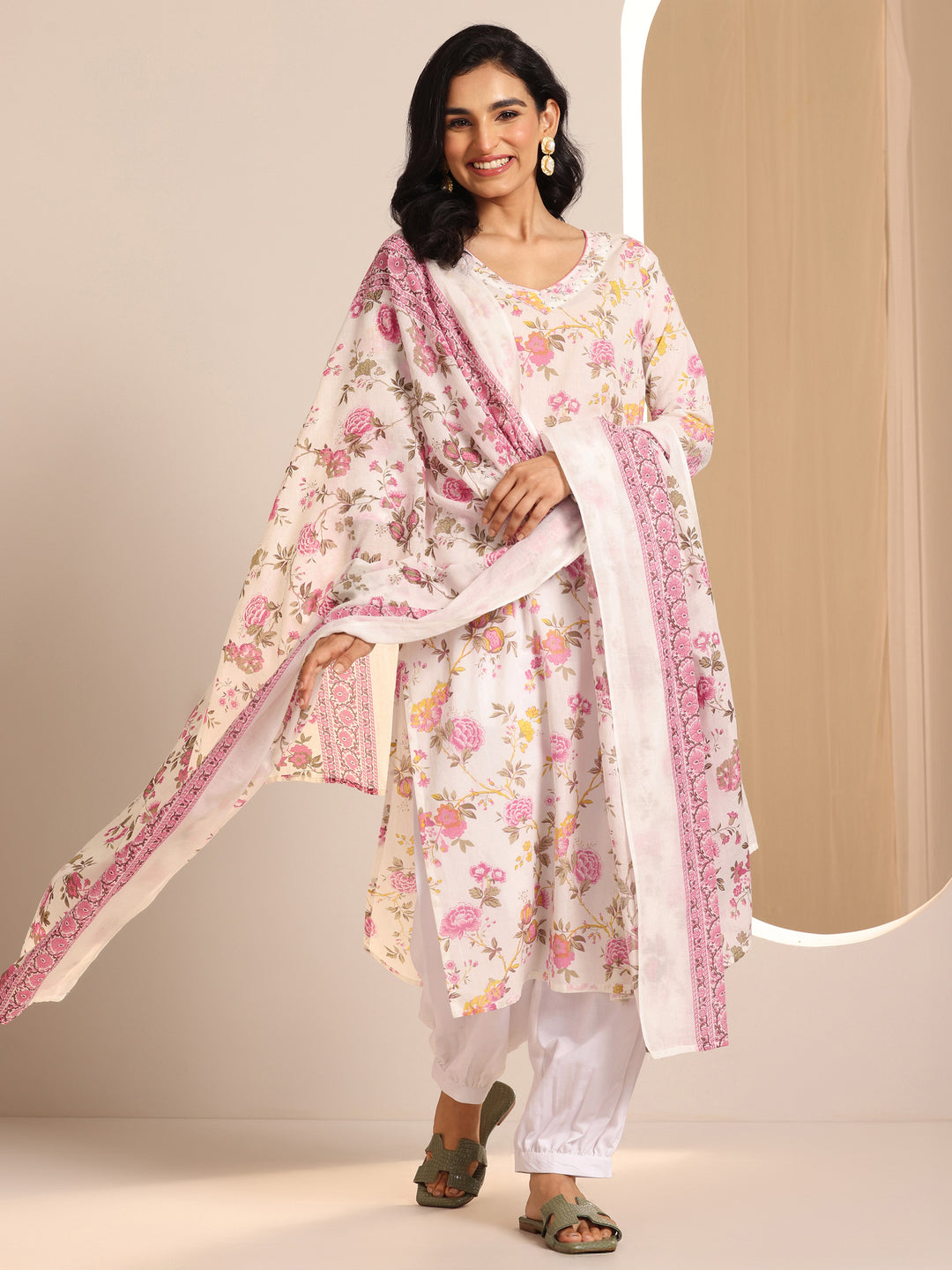 Off White Printed Cotton Straight Suit Sets With Dupatta