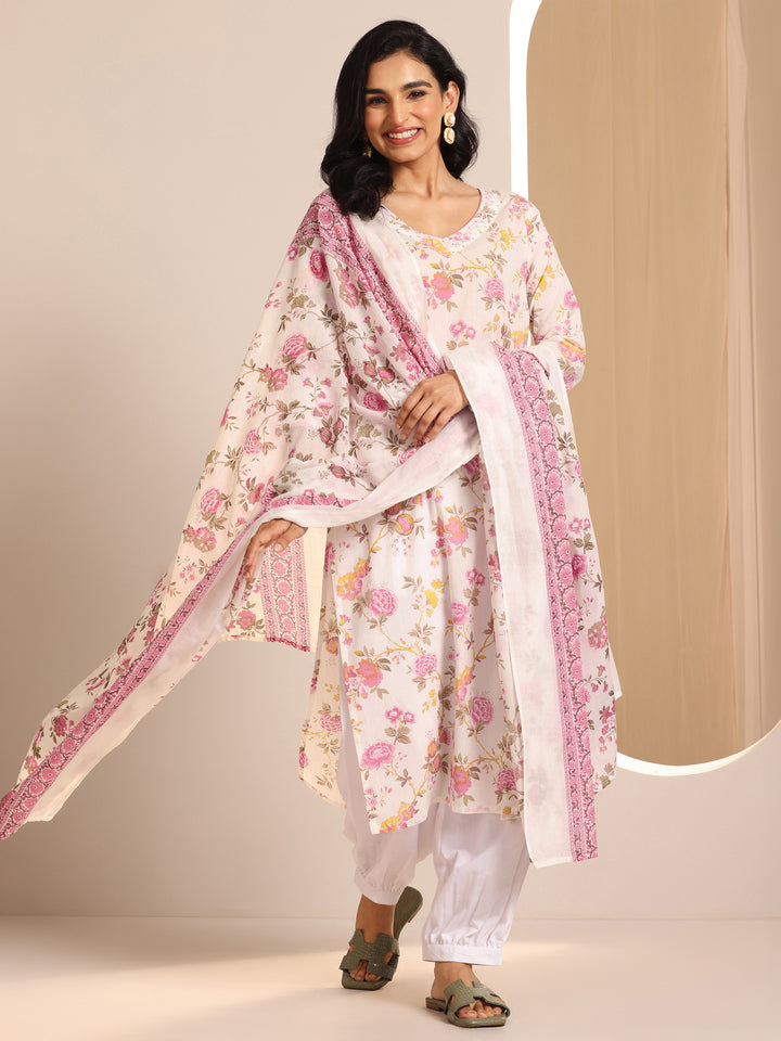 Off White Printed Cotton Straight Suit Sets With Dupatta