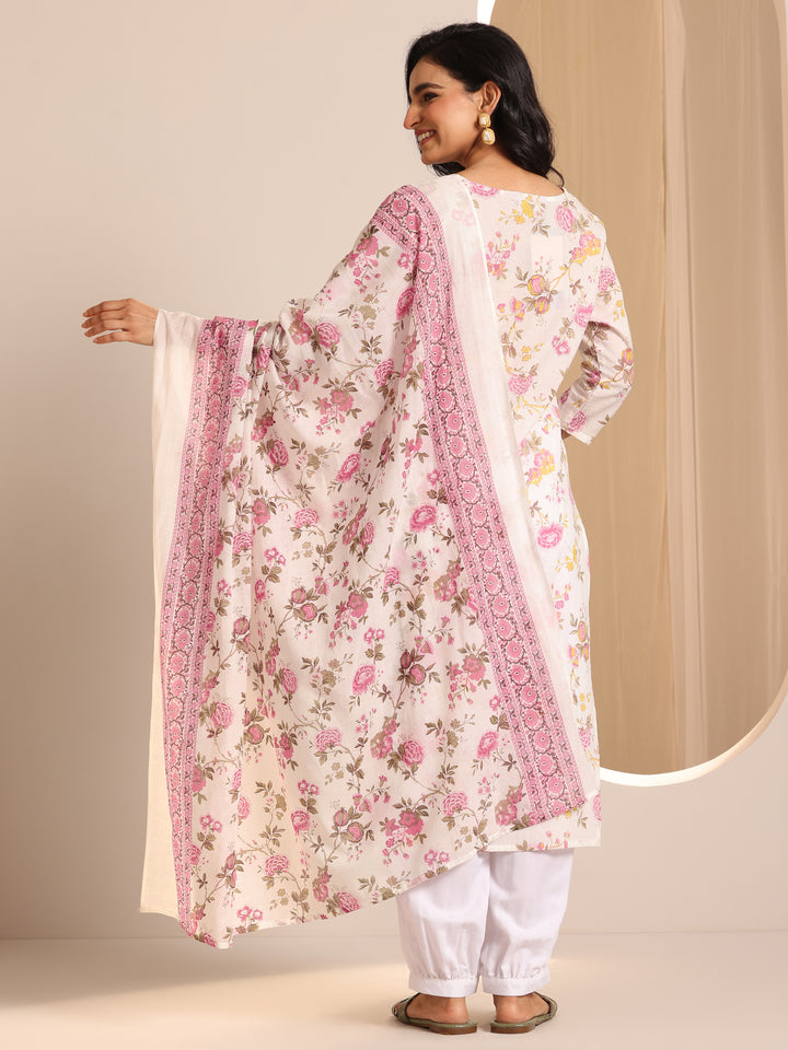 Off White Printed Cotton Straight Suit Sets With Dupatta