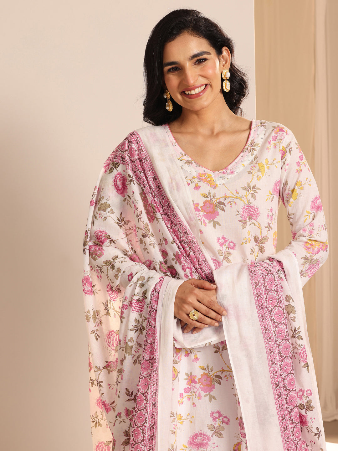 Off White Printed Cotton Straight Suit Sets With Dupatta