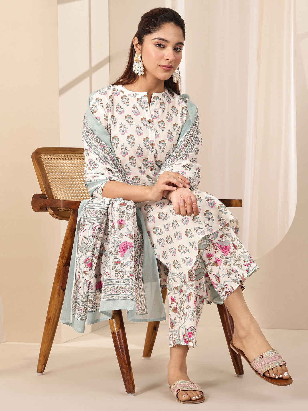 Off White Printed Cotton Straight Suit Sets With Dupatta