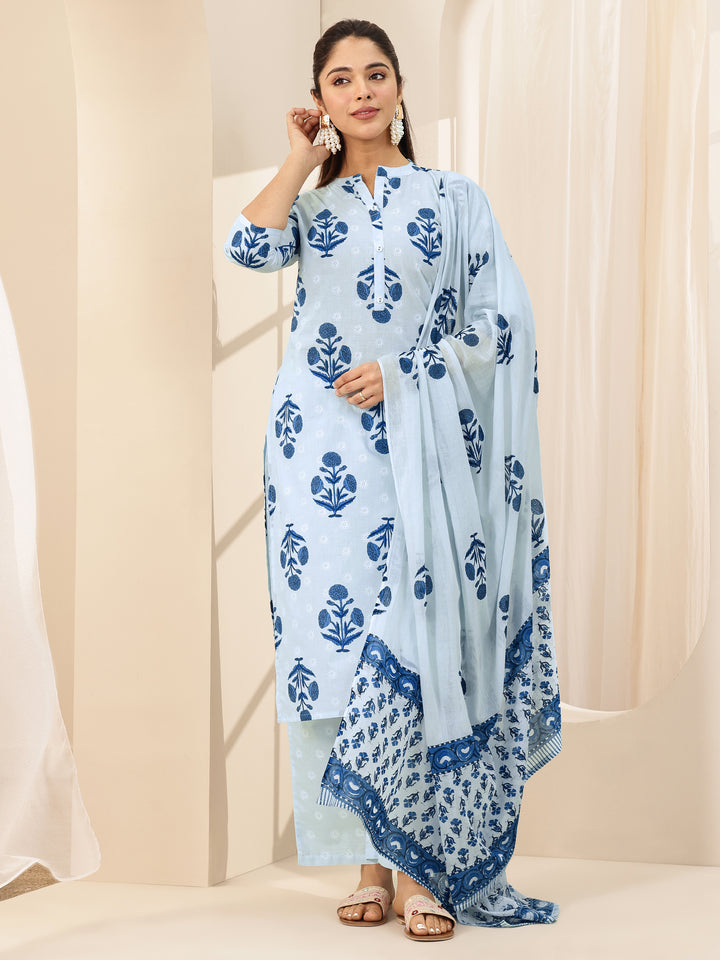 Blue Printed Cotton Straight Suit Sets With Dupatta