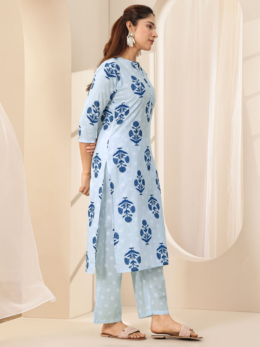 Blue Printed Cotton Straight Suit Sets With Dupatta