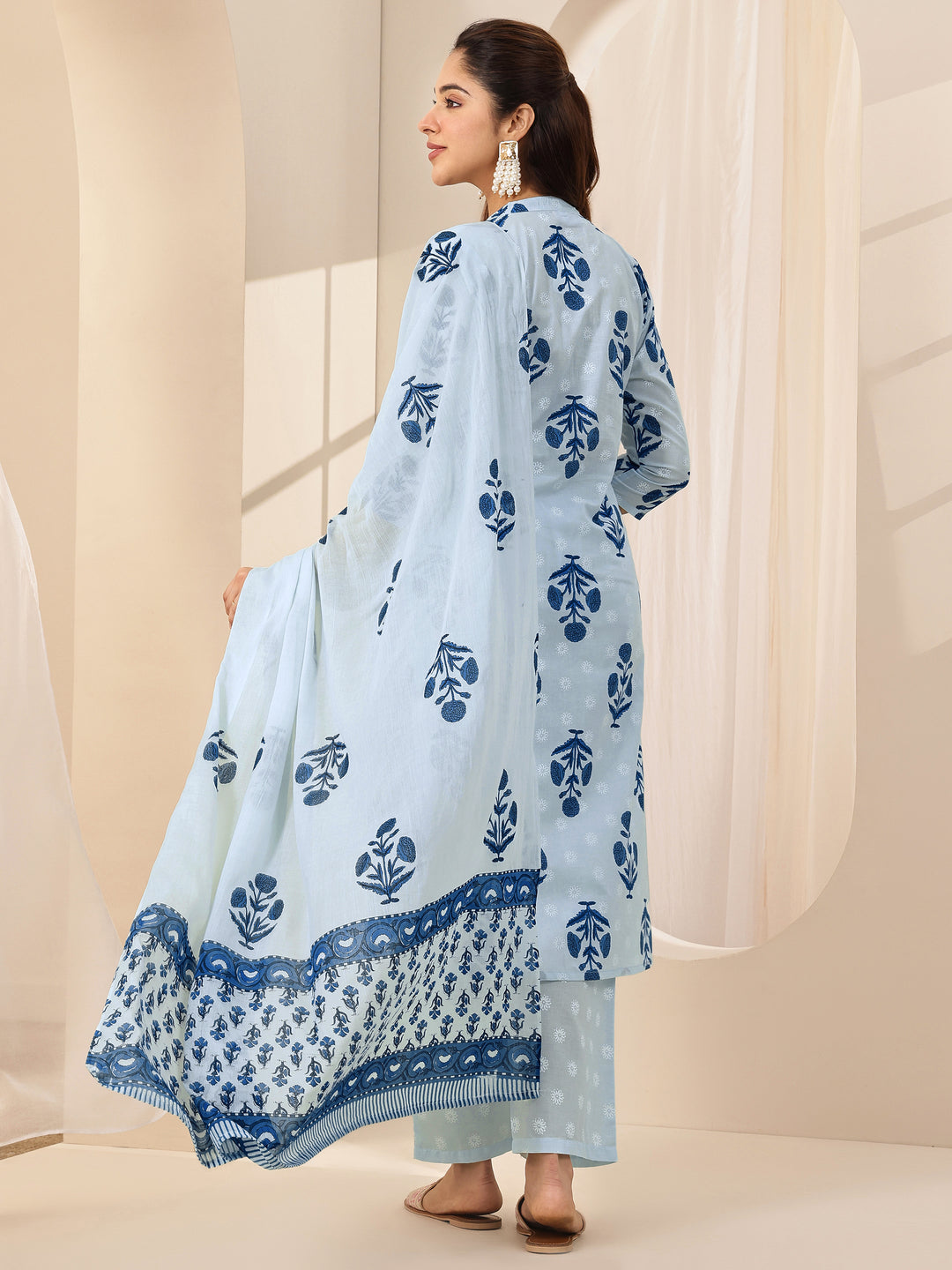Blue Printed Cotton Straight Suit Sets With Dupatta