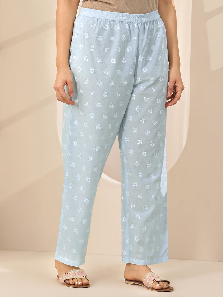 Blue Printed Cotton Straight Suit Sets With Dupatta