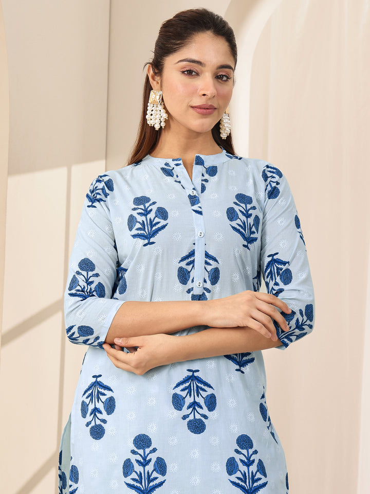 Blue Printed Cotton Straight Suit Sets With Dupatta