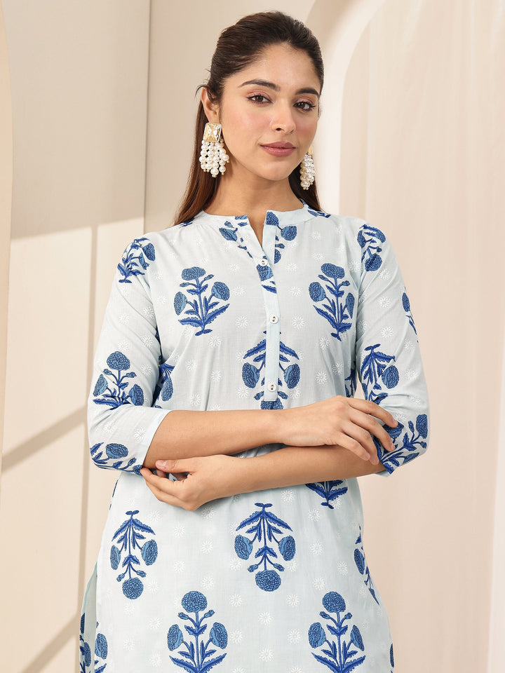 Blue Printed Cotton Straight Suit Sets With Dupatta