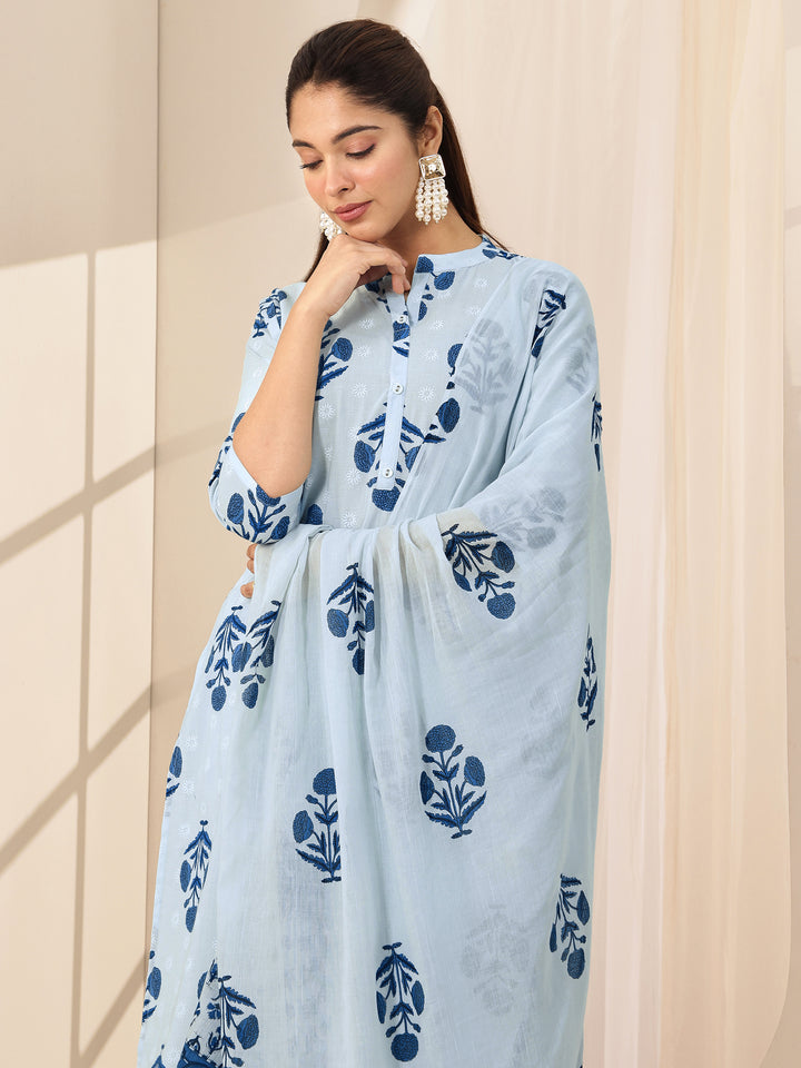 Blue Printed Cotton Straight Suit Sets With Dupatta