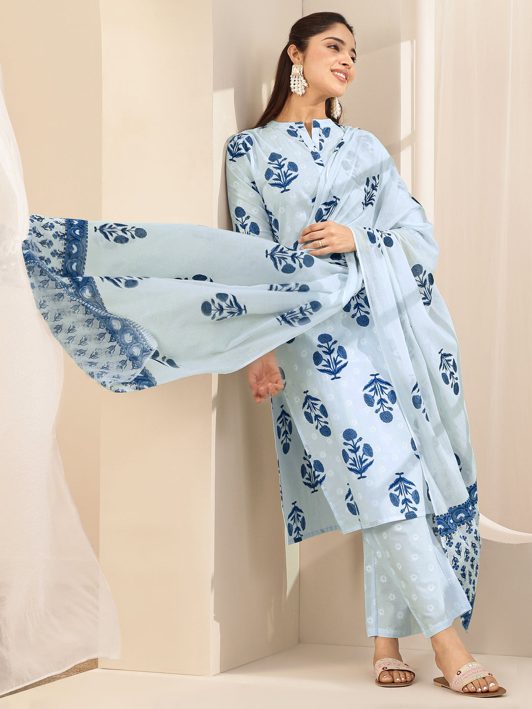 Blue Printed Cotton Straight Suit Sets With Dupatta