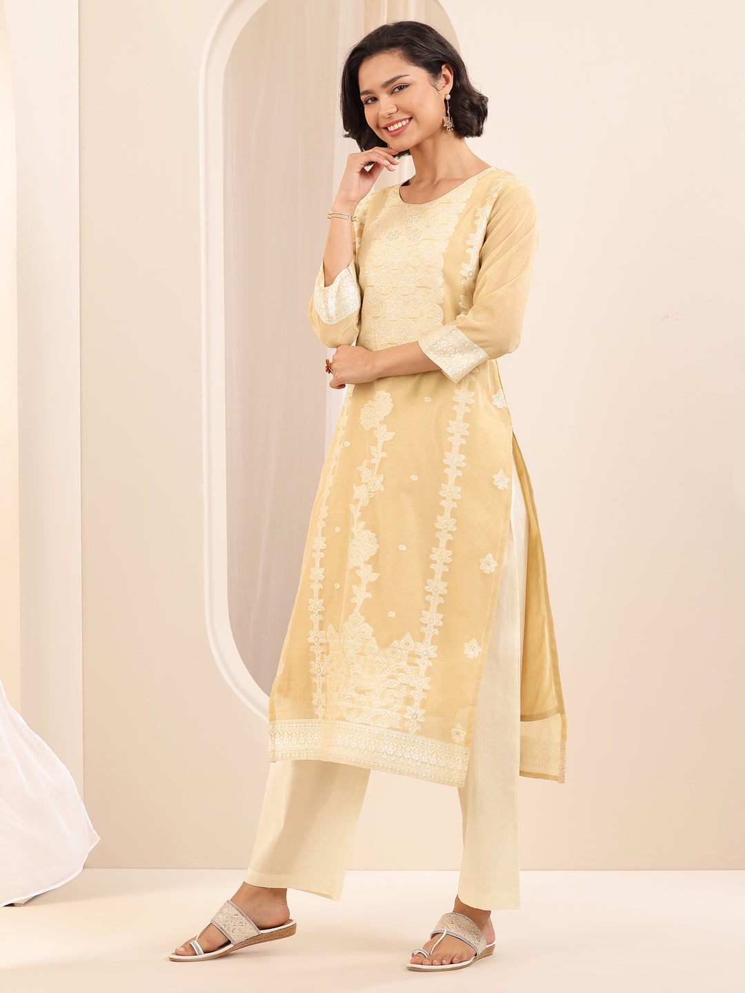 Beige Self Design Chanderi Silk Straight Suit Sets With Dupatta