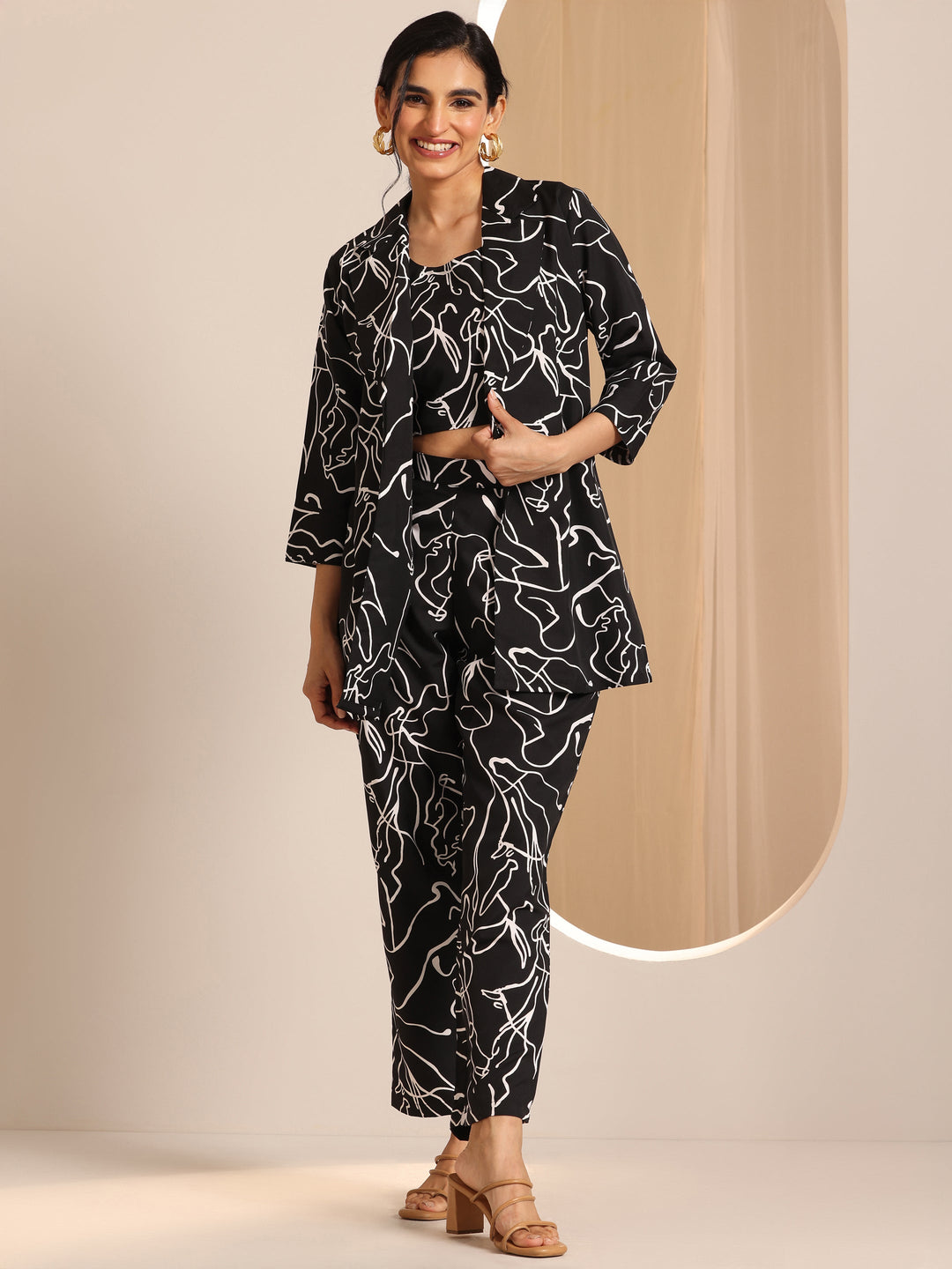 Black Printed Silk Blend Co-Ord Sets