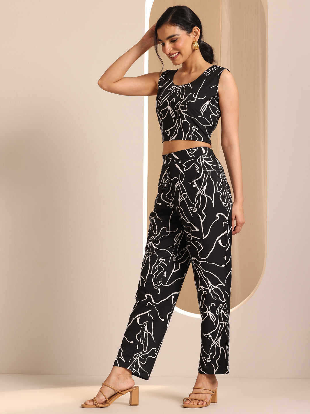 Black Printed Silk Blend Co-Ord Sets