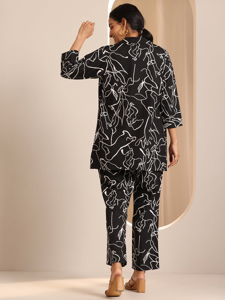 Black Printed Silk Blend Co-Ord Sets