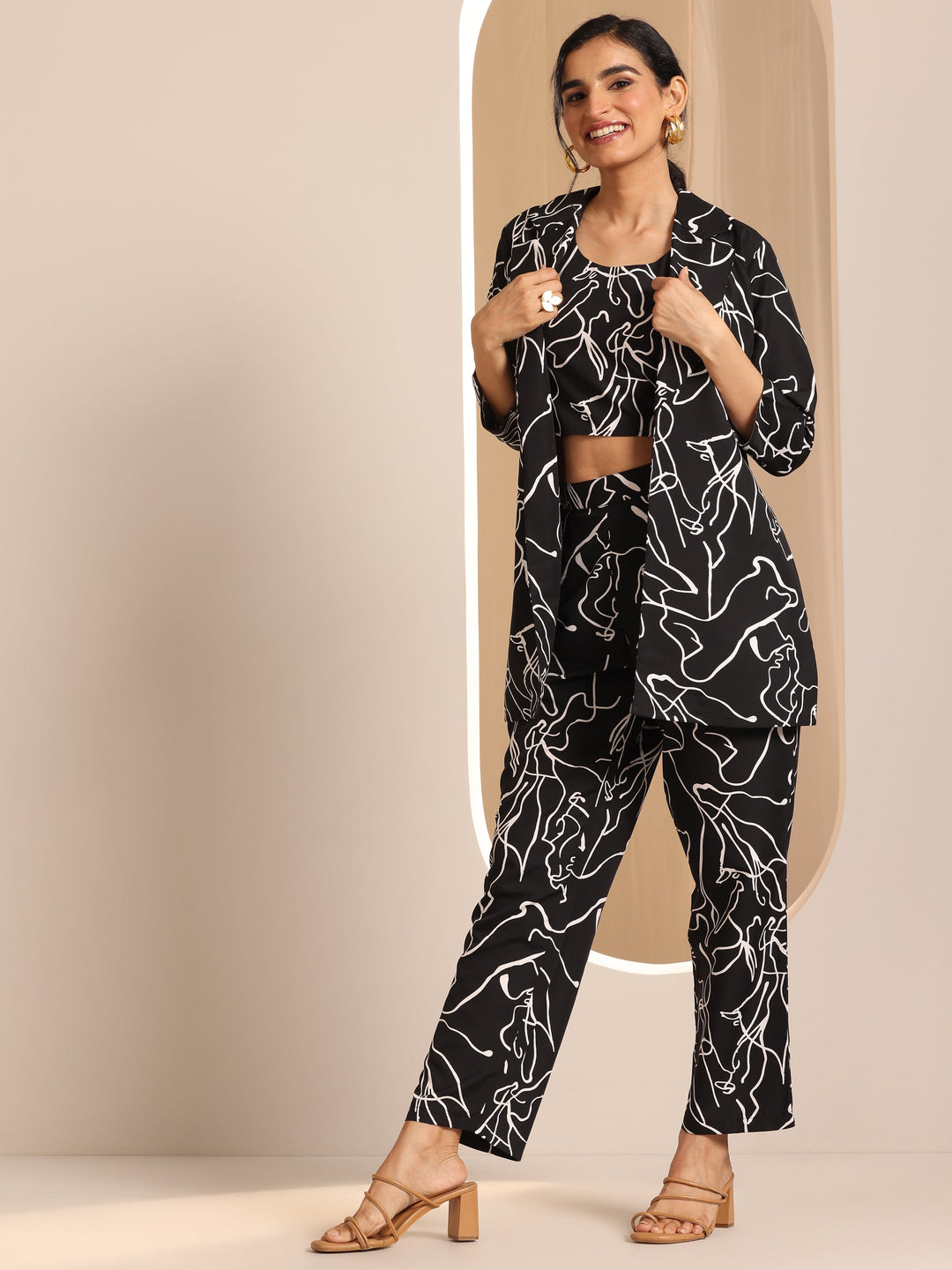 Black Printed Silk Blend Co-Ord Sets