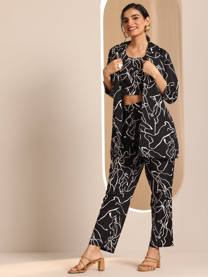 Black Printed Silk Blend Co-Ord Sets